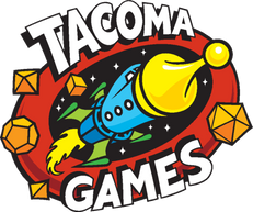 Cartoon rocket enclosed by red oval with the word Tacoma on the upper part of the oval and Games on the lower part of the oval. | United States