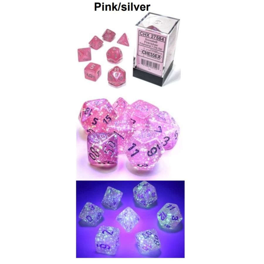 Chessex: 7ct Polyhedral Set - Borealis Luminary Pink w/Silver | Tacoma Games