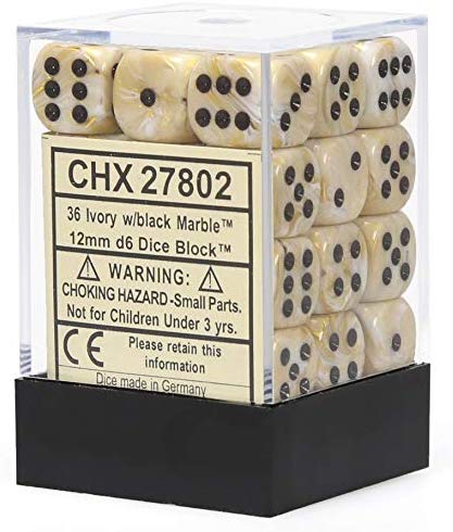 Chessex: D6 12mm Marble Ivory w/Black (36) | Tacoma Games