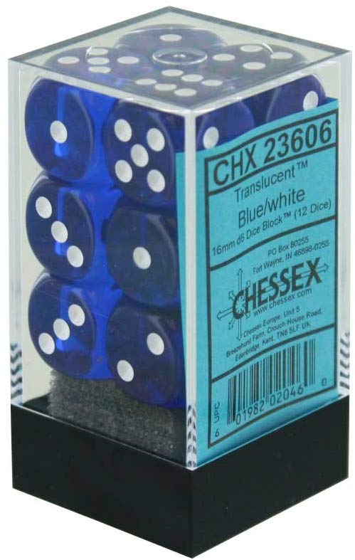 Chessex: D6 16mm Translucent Blue w/White (12) | Tacoma Games