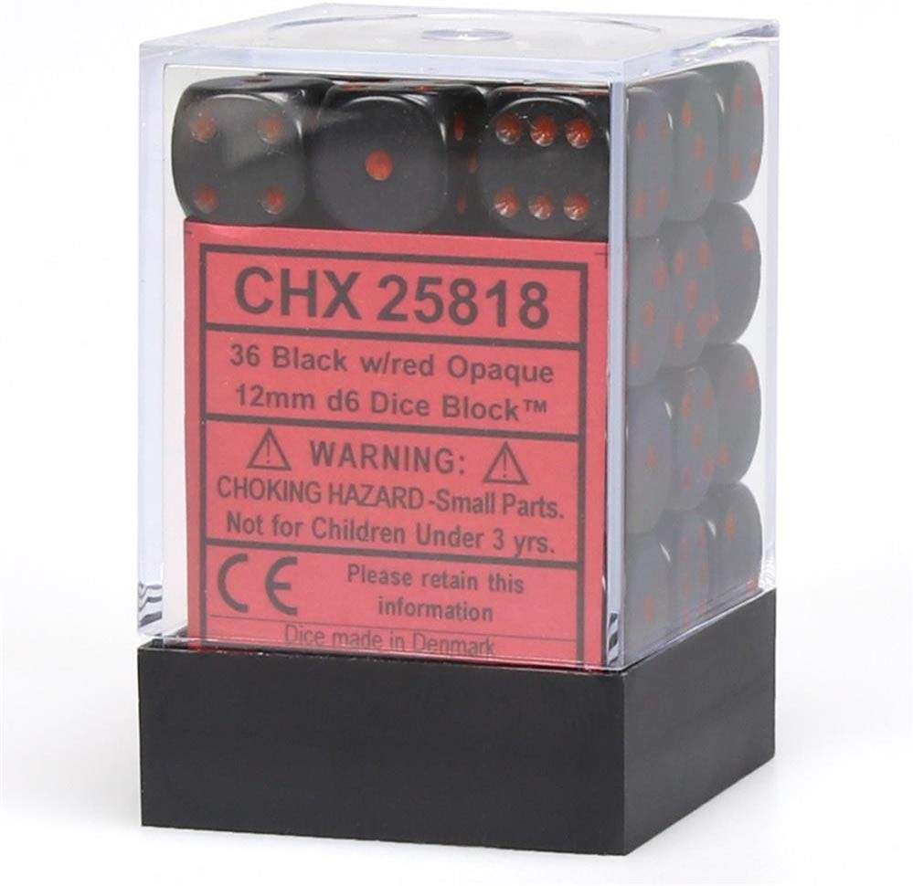 Chessex: D6 12mm Opaque Black w/Red (36) | Tacoma Games