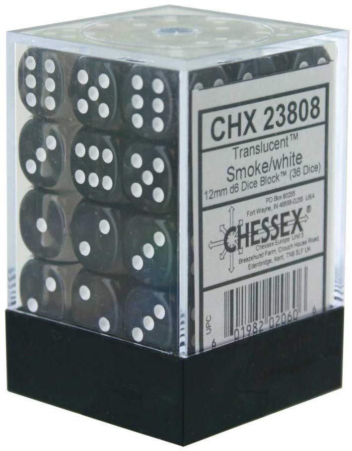 Chessex: D6 12mm Translucent Smoke w/White (36) | Tacoma Games