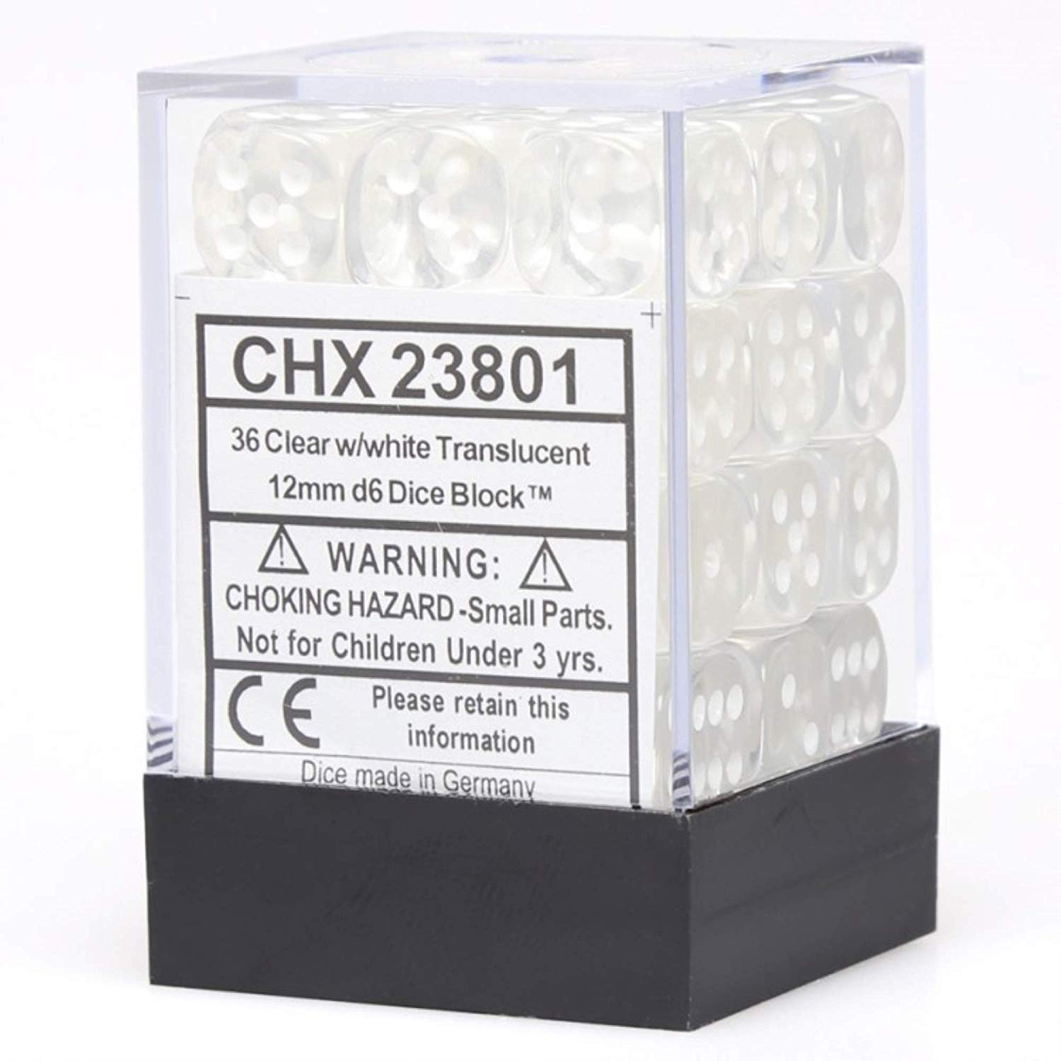 Chessex: D6 12mm Translucent Clear w/White (36) | Tacoma Games