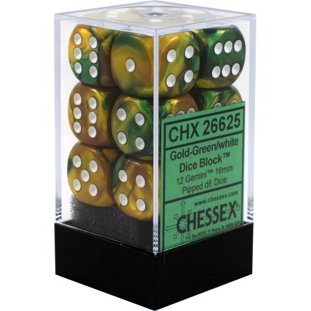 Chessex: 16mm D6 Gemini Gold-Green w/White (12) | Tacoma Games