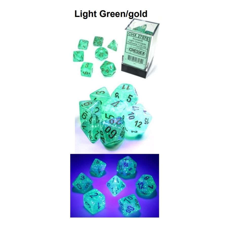 Chessex: Borealis Light Green w/Gold 7-Die Set | Tacoma Games