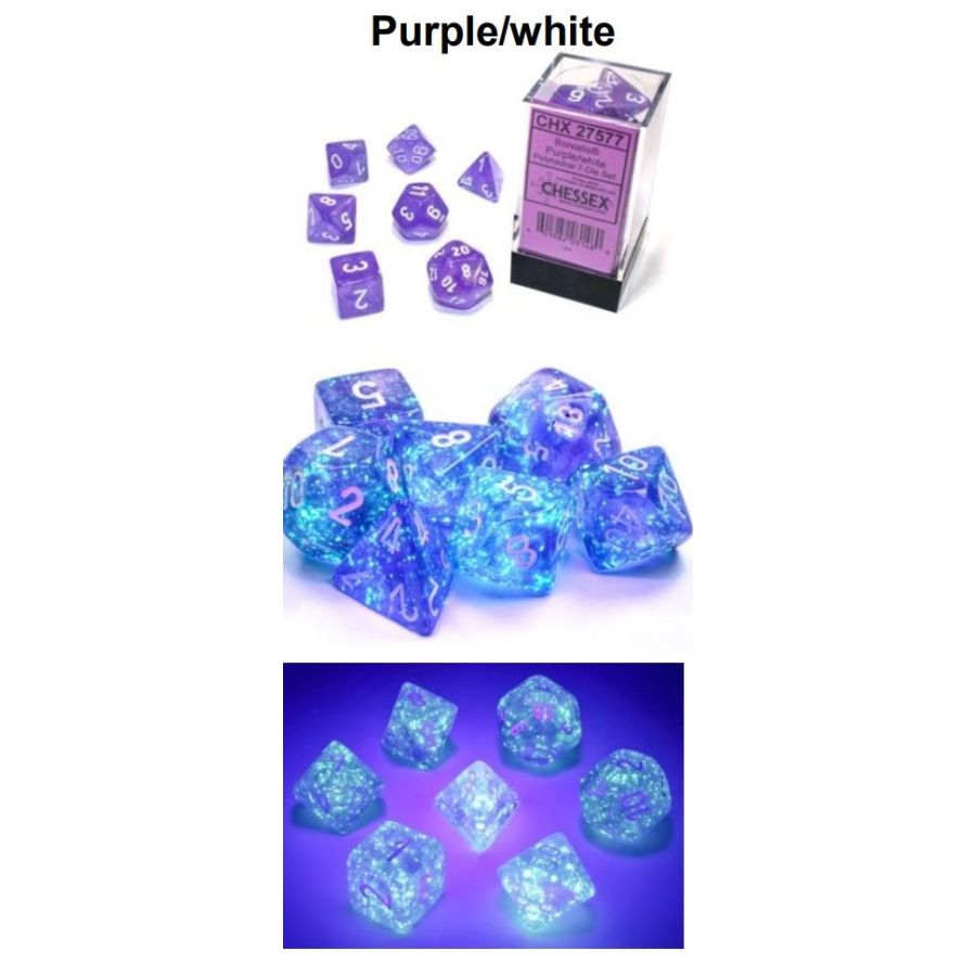 Chessex: Borealis Purple w/White 7-Die Set | Tacoma Games