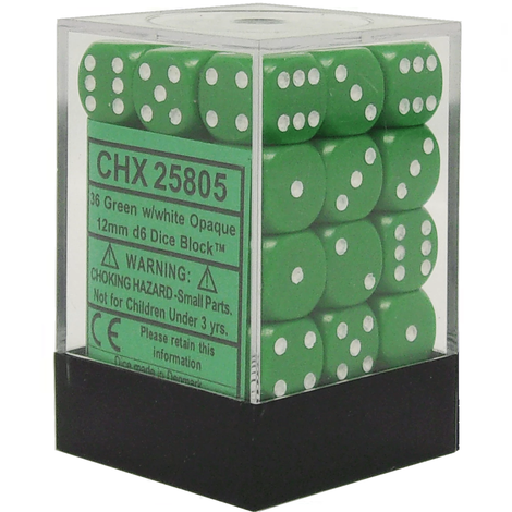 Chessex: D6 12mm Opaque Green/White (36) | Tacoma Games