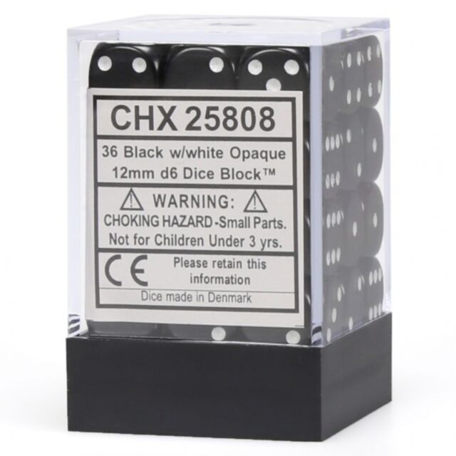 Chessex: D6 12mm Opaque Black w/White (36) | Tacoma Games