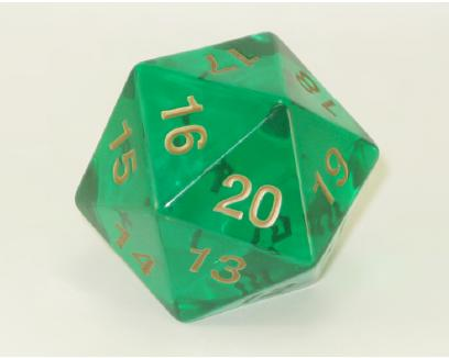 JUMBO COUNTDOWN DICE 55MM D20 TRANSLUCENT EMERALD/GOLD | Tacoma Games
