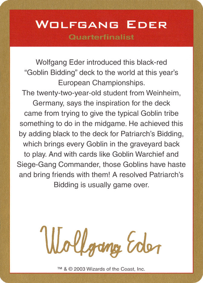 Wolfgang Eder Bio [World Championship Decks 2003] | Tacoma Games