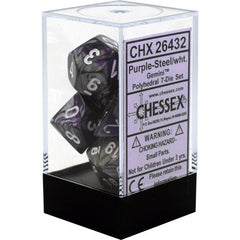 Purple and smoke colored dice set with white numbers in a clear plastic case with Chessex branding | Tacoma Games