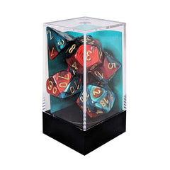 Set of red and teal polyhedral dice with gold numbers in a clear cube on a white background | Tacoma Games