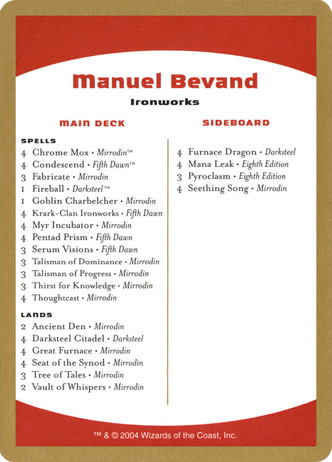 Manuel Bevand Decklist [World Championship Decks 2004] | Tacoma Games