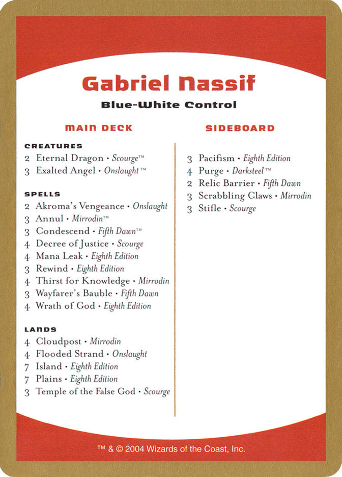 Gabriel Nassif Decklist [World Championship Decks 2004] | Tacoma Games