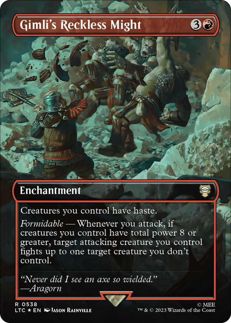 Gimli's Reckless Might (Borderless) (Surge Foil) [The Lord of the Rings: Tales of Middle-Earth Commander] | Tacoma Games