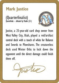 1996 Mark Justice Biography Card [World Championship Decks] | Tacoma Games
