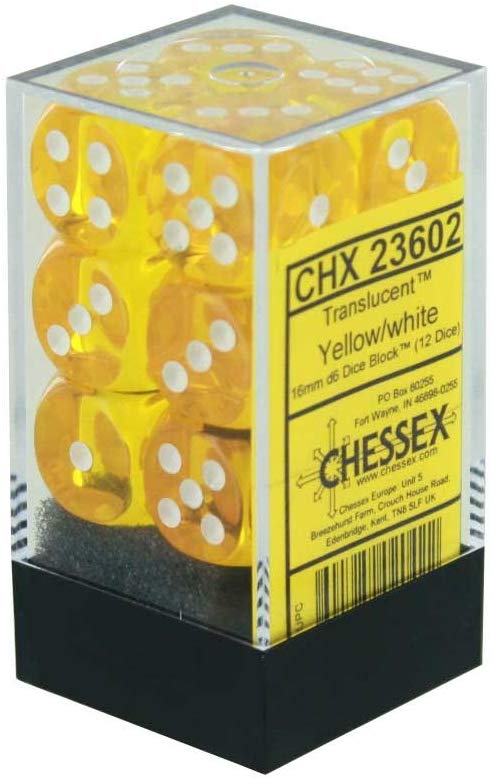 Chessex: D6 16mm Translucent Yellow w/White (12) | Tacoma Games