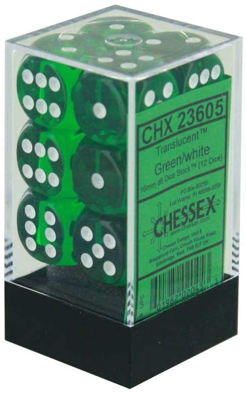 Chessex: D6 16mm Translucent Green w/White (12) | Tacoma Games