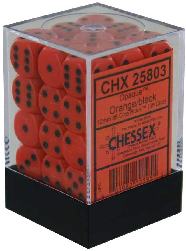 Chessex: D6 12mm Opaque Orange w/Black (36) | Tacoma Games