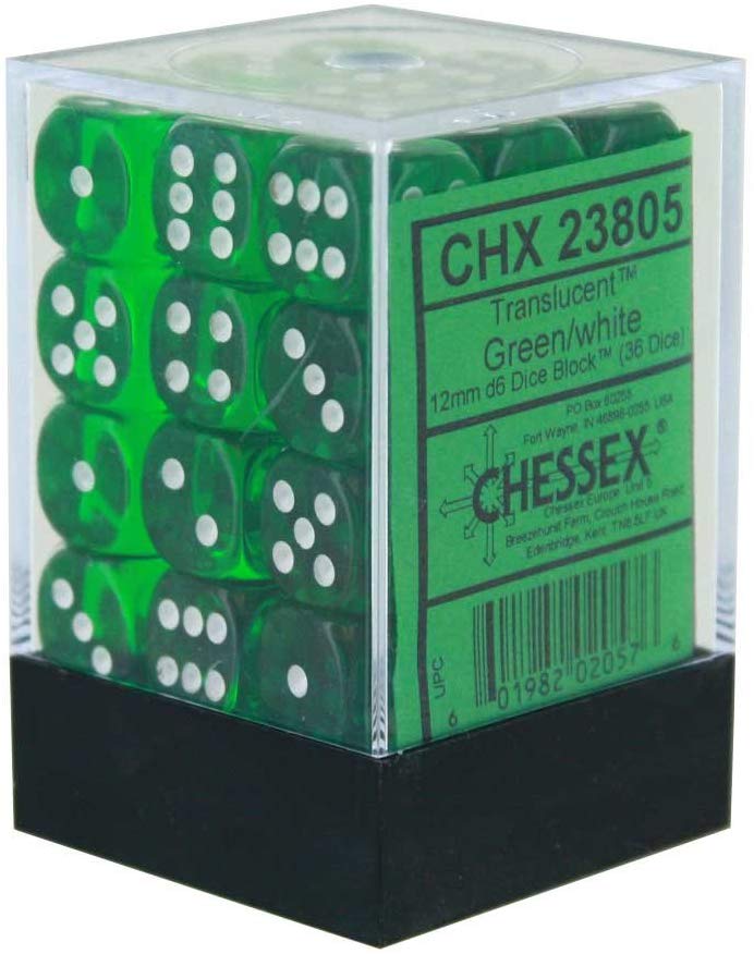 Chessex: D6 12mm Translucent Green w/White (36) | Tacoma Games