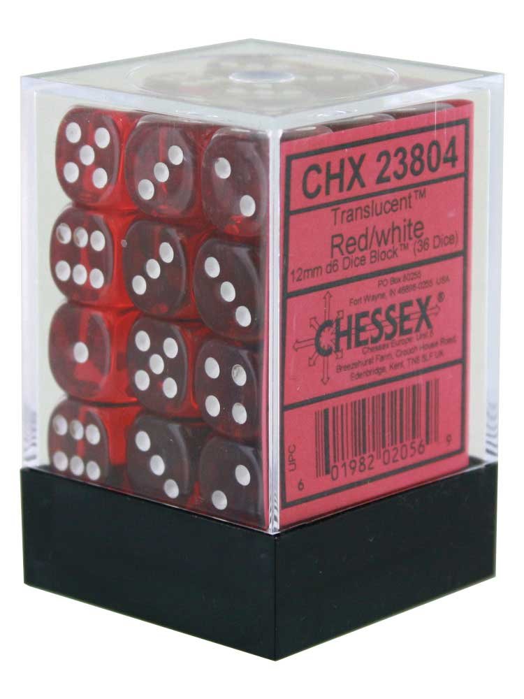Chessex: D6 12mm Translucent Red w/White (36) | Tacoma Games