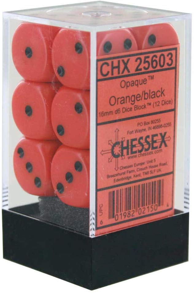 Chessex: D6 16mm Opaque Orange w/Black (12) | Tacoma Games