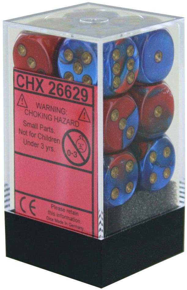 Chessex: D6 16mm Gemini Blue-Red w/Gold (12) | Tacoma Games