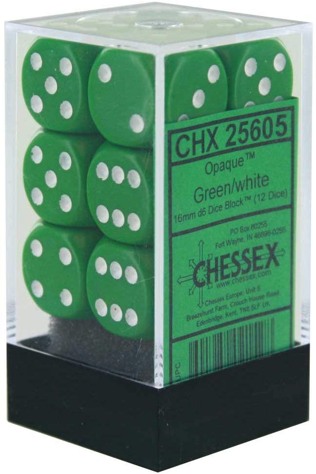 Chessex: D6 16mm Opaque Green w/White (12) | Tacoma Games