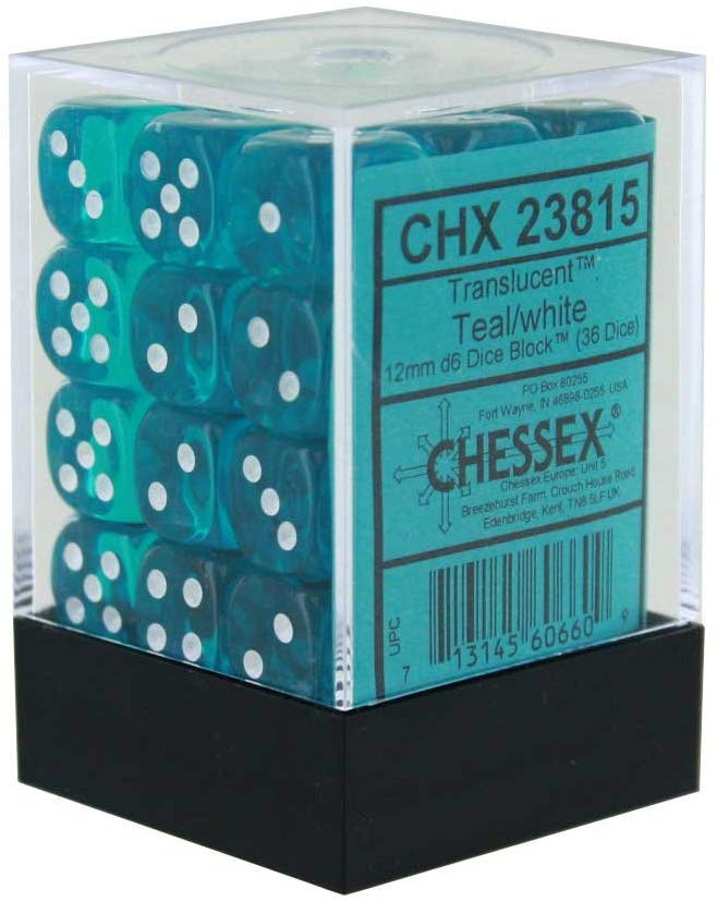 Chessex: D6 12mm Translucent Teal w/White (36) | Tacoma Games