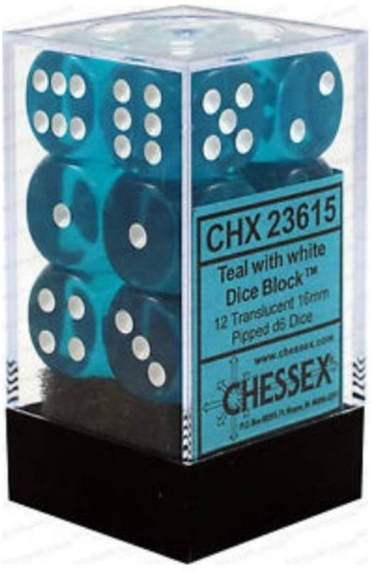 Chessex: D6 16mm Translucent Teal w/White (12) | Tacoma Games