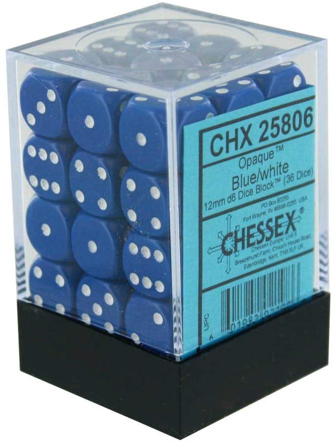 Chessex: D6 12mm Opaque Blue w/White (36) | Tacoma Games