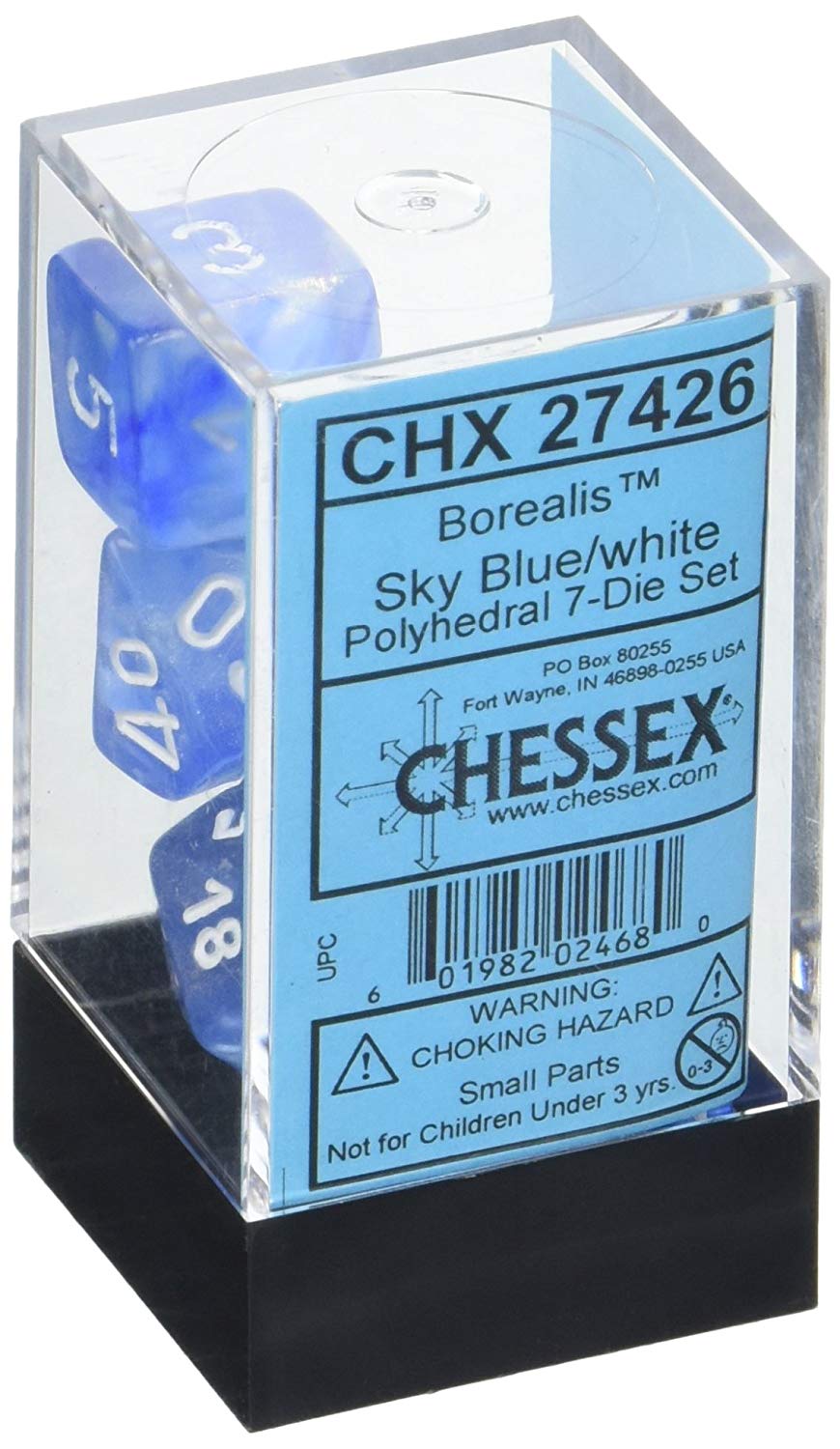 Chessex: Borealis Sky Blue w/White 7-Die Set | Tacoma Games