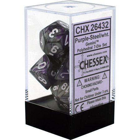 Chessex: Gemini Purple Steel w/White 7-Die Set | Tacoma Games