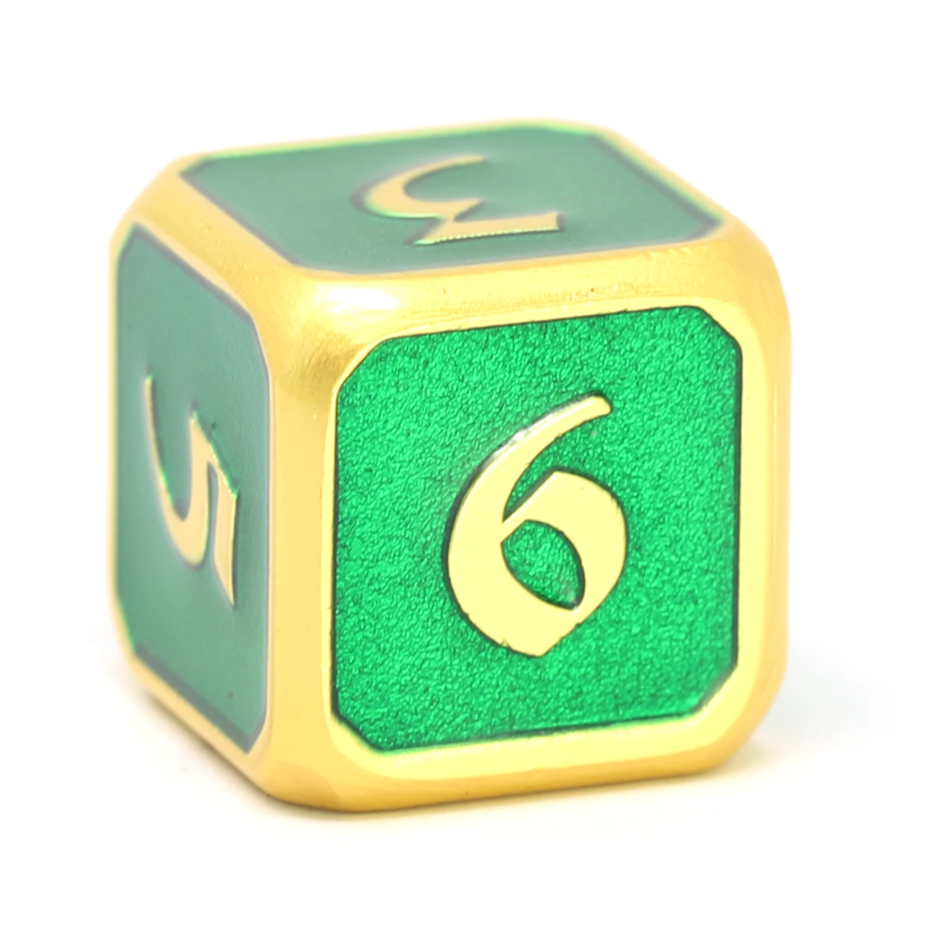 Die Hard Dice: D6 Set - Mythica: Satin Gold Emerald | Tacoma Games