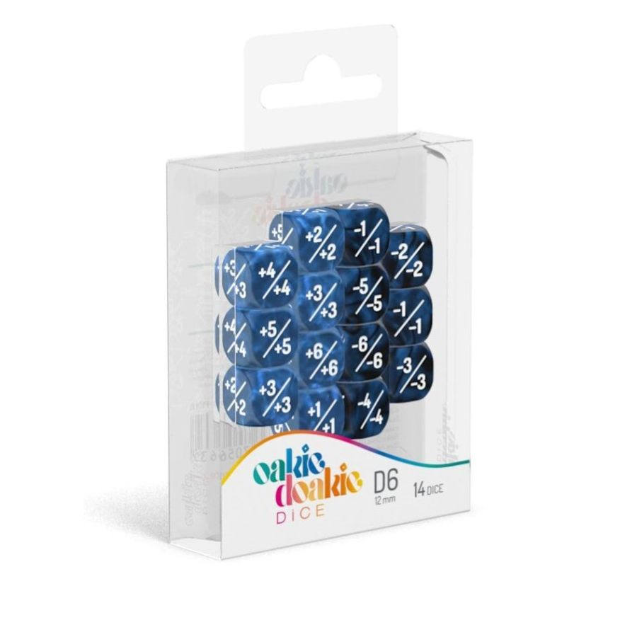 OAKIE DOAKIE DICE: D6 12MM MARBLE/GEMIDICE POSITIVE AND NEGATIVE DICE SET - BLUE (14CT) | Tacoma Games