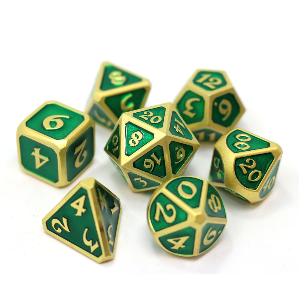 Die Hard Dice: 7ct Metal Set - Mythica: Satin Gold Emerald | Tacoma Games