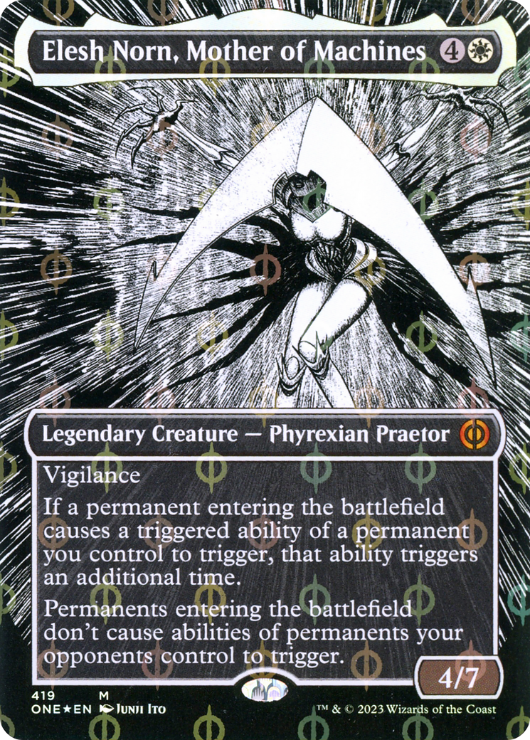 Elesh Norn, Mother of Machines (Borderless Manga Step-and-Compleat Foil) [Phyrexia: All Will Be One] | Tacoma Games