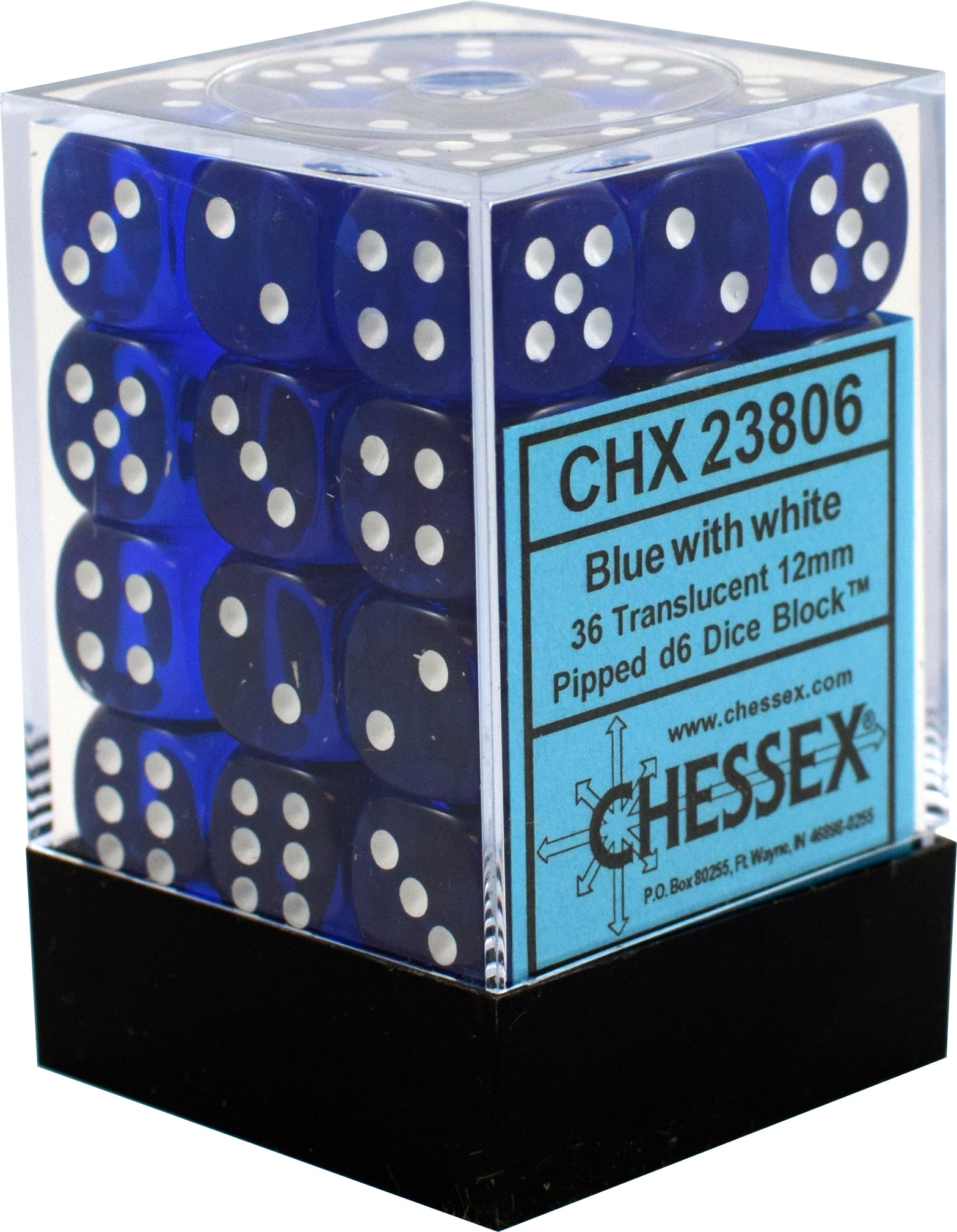 Chessex: D6 12mm Translucent Blue w/White (36) | Tacoma Games