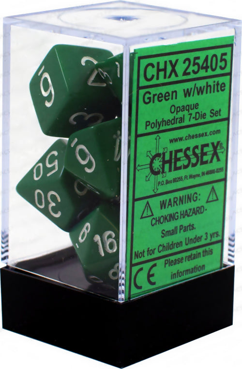 Chessex: Opaque Green w/White 7-Die Set | Tacoma Games