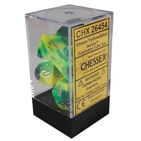 Chessex: Gemini Green Yellow w/Silver 7-Die Set | Tacoma Games