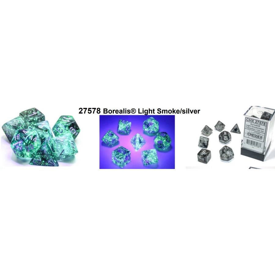7CT POLYHEDRAL SET: BOREALIS LUMINARY LIGHT SMOKE W/SILVER | Tacoma Games