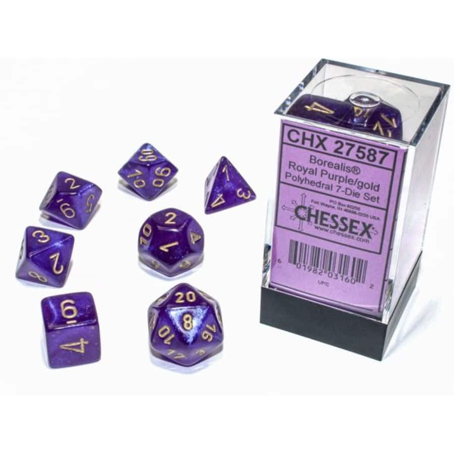 7CT POLYHEDRAL SET: BOREALIS LUMINARY ROYAL PURPLE W/GOLD | Tacoma Games