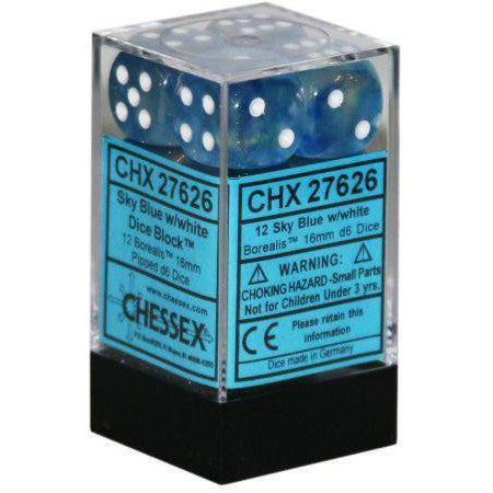 Chessex: 16mm D6 Borealis Sky Blue w/White (12) | Tacoma Games