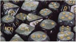 D6 -- 12MM LUSTROUS DICE, BLACK/GOLD, 36CT | Tacoma Games