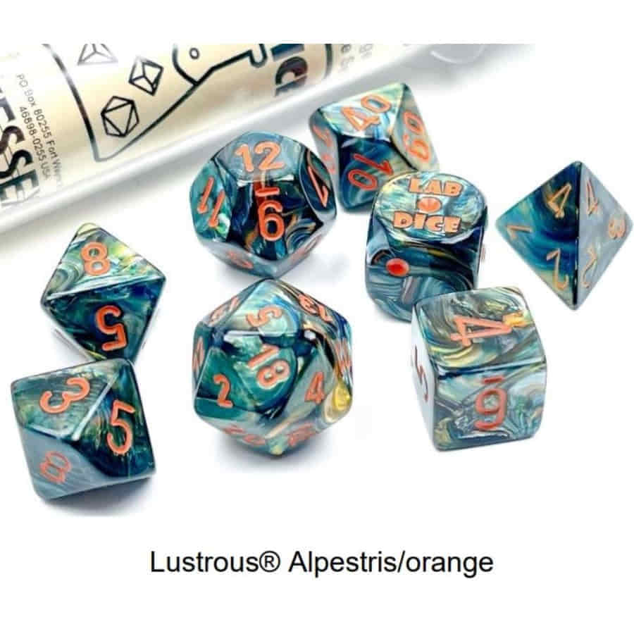 7CT LAB DICE (SERIES 5): LUSTROUS ALPESTRIS / ORANGE | Tacoma Games