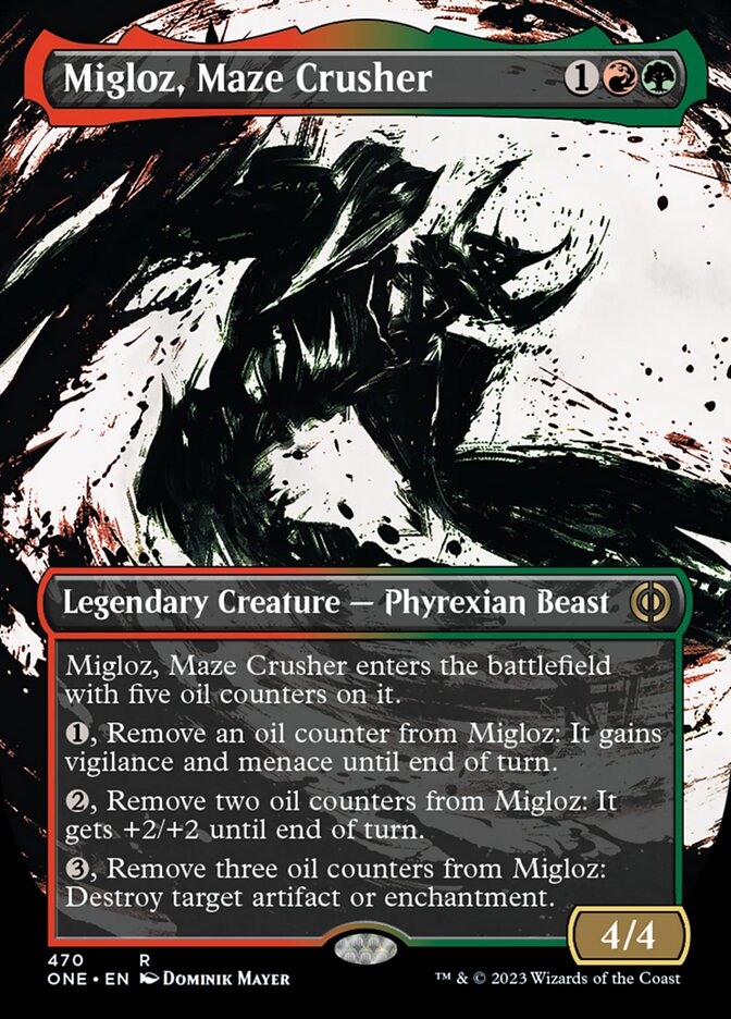 Migloz, Maze Crusher (Borderless Ichor Step-and-Compleat Foil) [Phyrexia: All Will Be One] | Tacoma Games