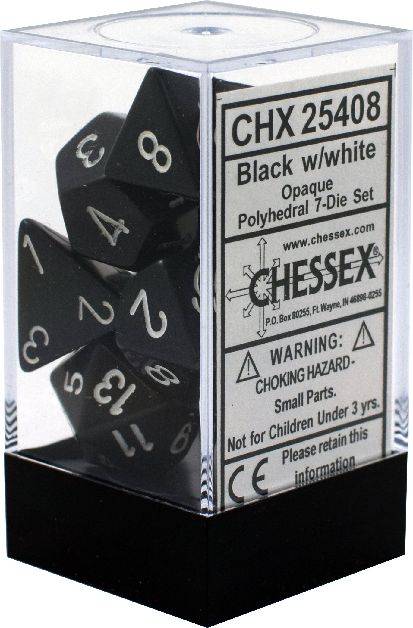 Chessex: Opaque Black w/White 7-Die Set | Tacoma Games